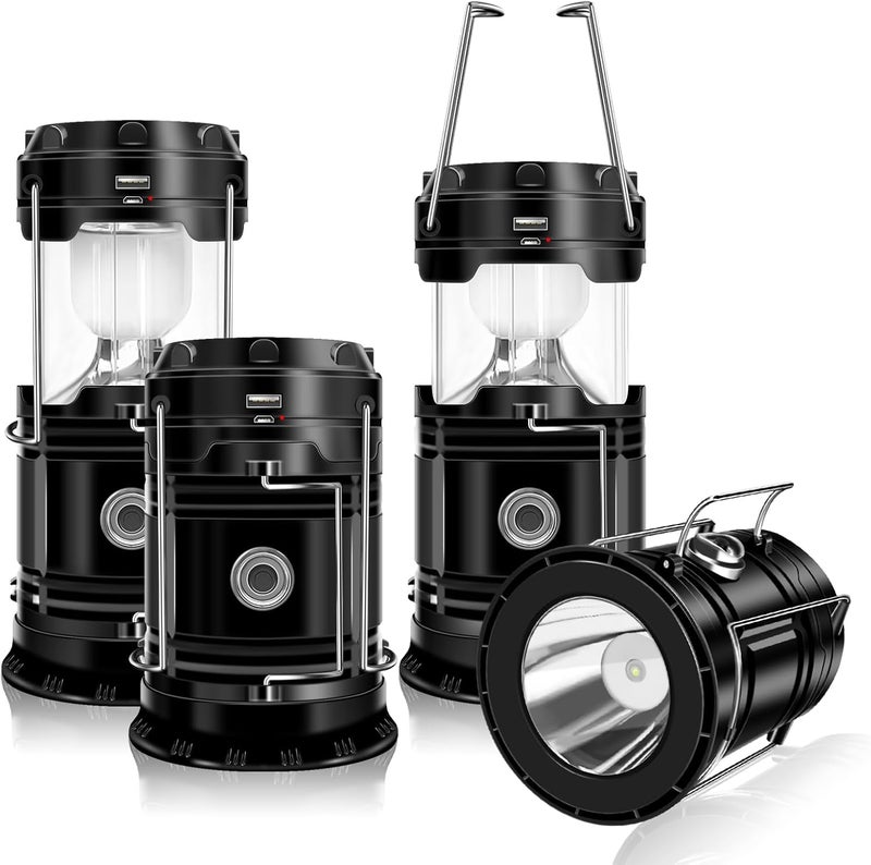 DIBMS 4-Pack Solar Camping Lantern, Collapsible LED Solar USB Rechargeable Lantern Flashlight Emergency Hanging Lights for Camping Hurricanes Power Outages Indoor Outdoor - Image 1